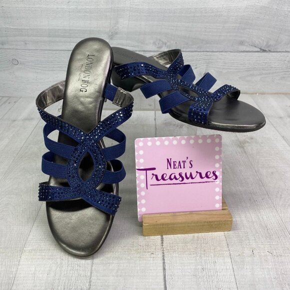 London Fog Womens ELVIS 2 Blue Jeweled Low Heeled Dress Slide Sandals Size 9.5 M - Picture 1 of 14